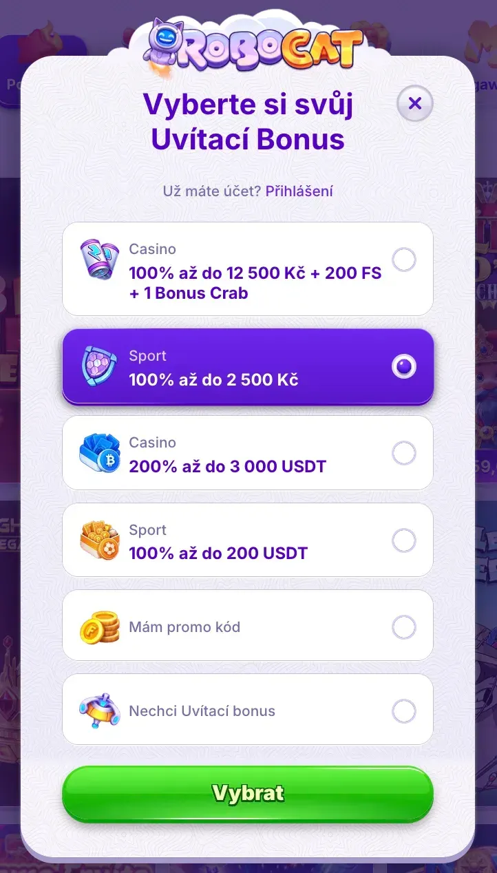 Registrační formulář Robocat casino